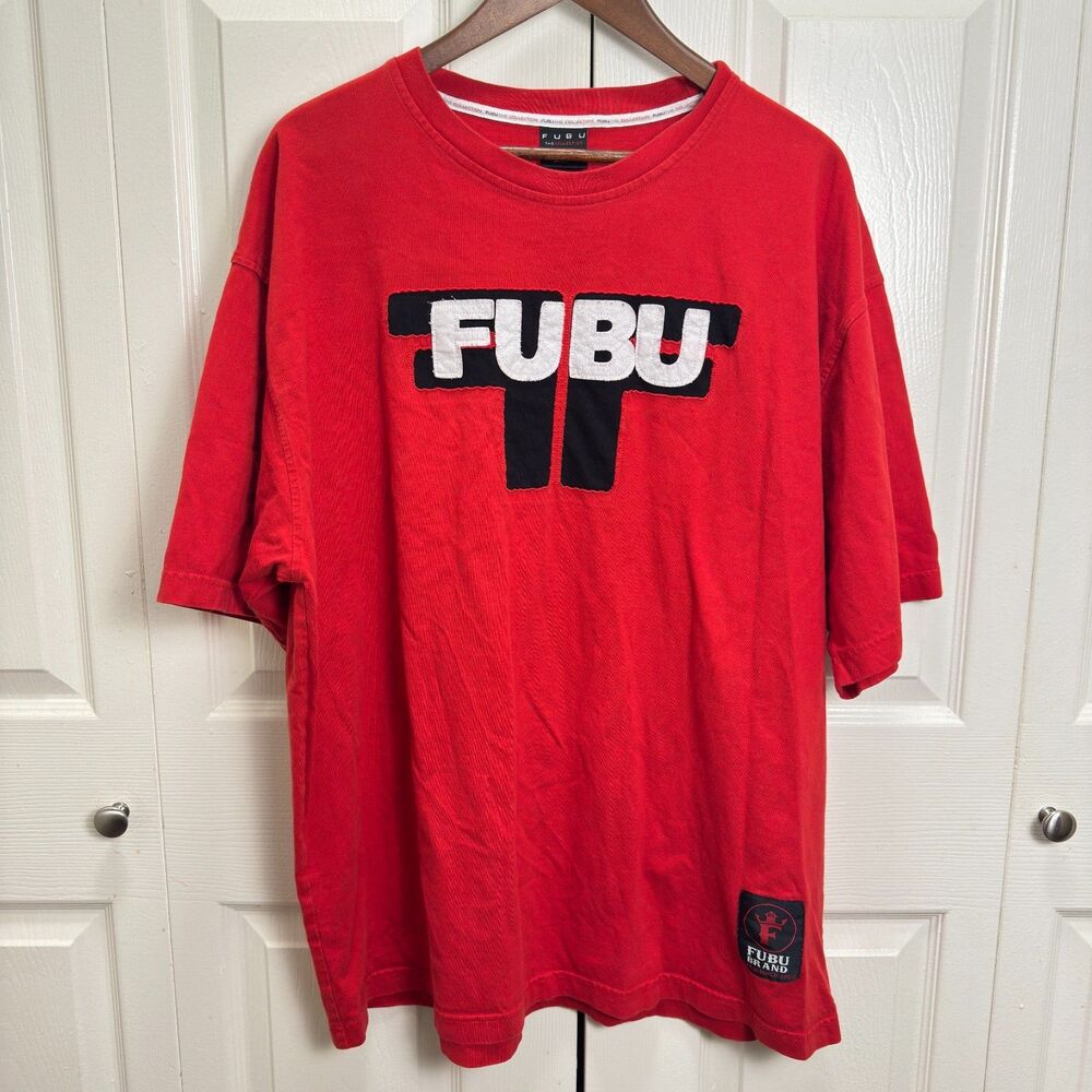 Vintage FUBU Red Embroidered Logo T-Shirt Y2K Hip Hop Streetwear [XXL]